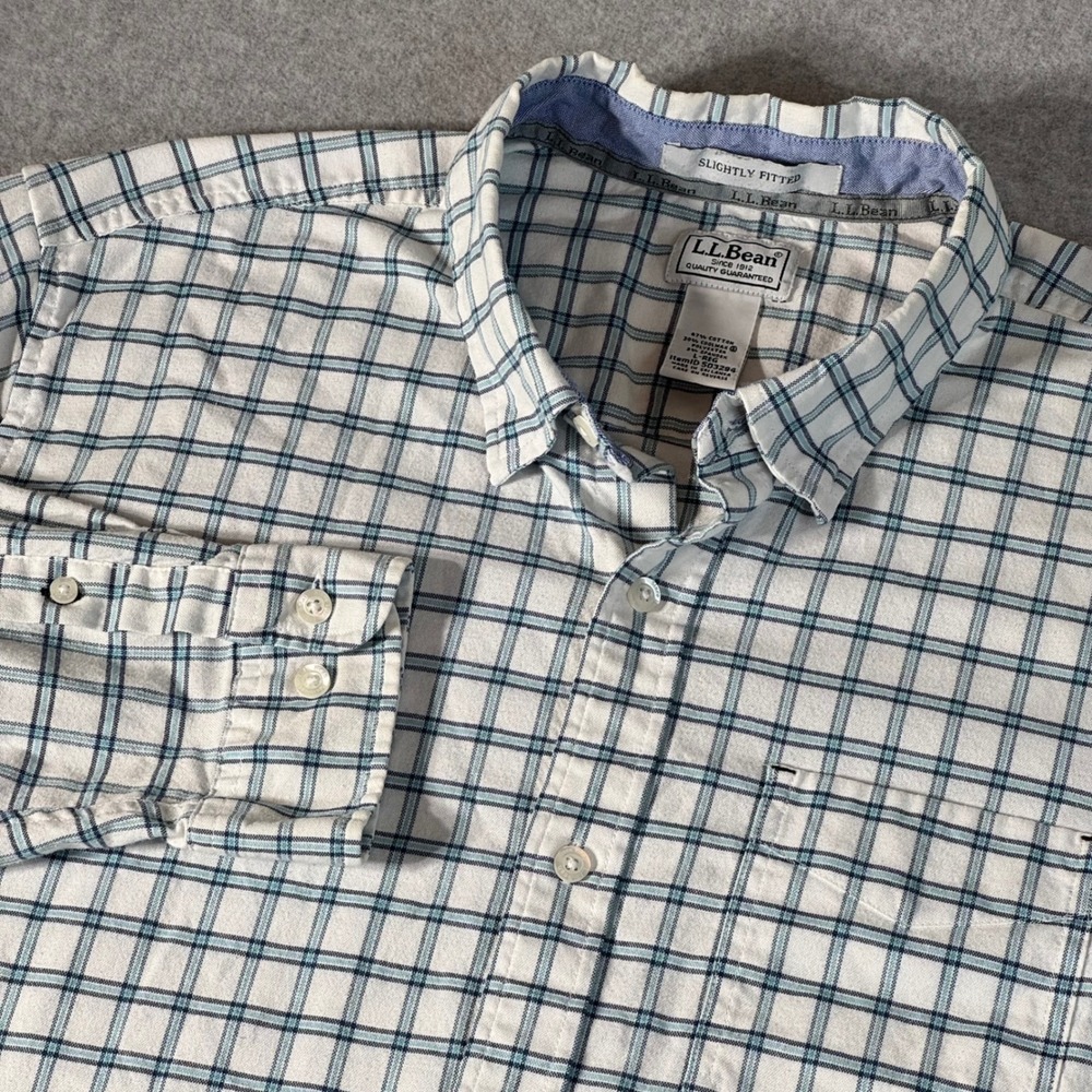 LL Bean Mens Slightly Fitted Coolmax Plaid Shirt Large White Blue 503294